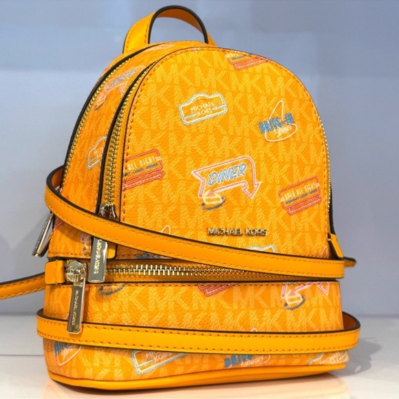 Michael Kors Rhea Extra-Small Printed Signature Logo Backpack Pop Orange Multi - Picture 3 of 9
